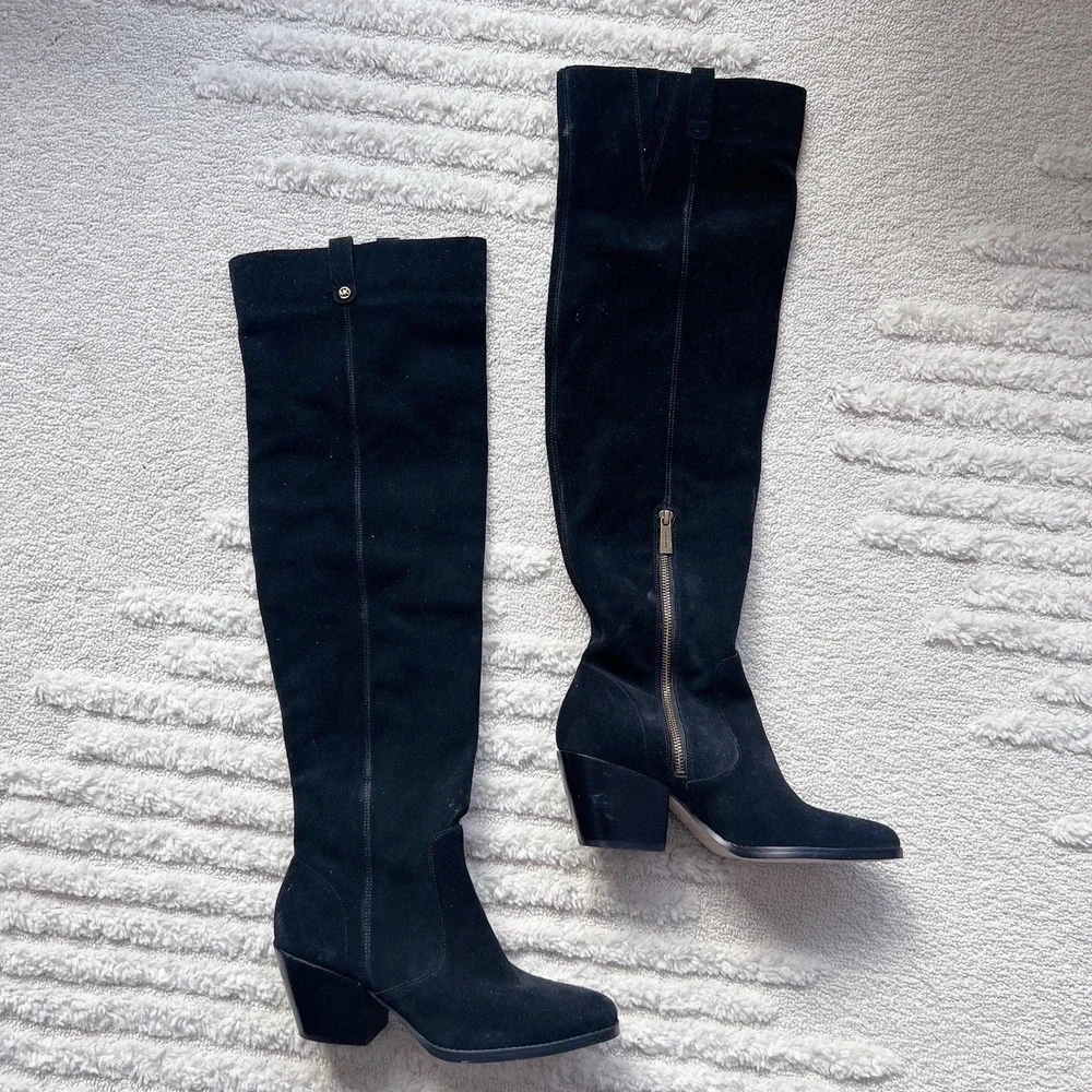 Michael Kors Harlow OTK Over The Knee Boots Black Suede Cuban Heel Side Zip US 8